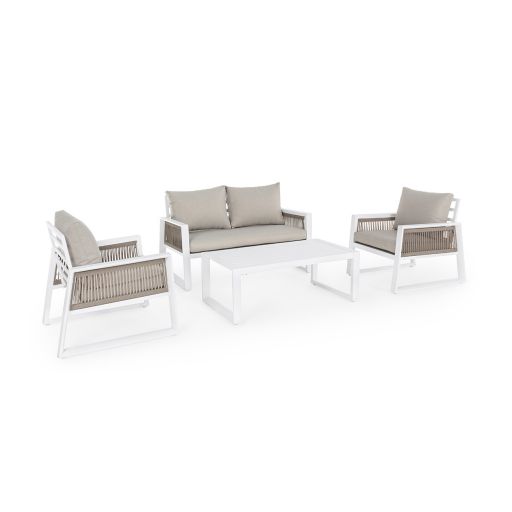 Set mobilier pentru gradina, terasa, Captiva, 2 fotolii + canapea 2 locuri + masa de cafea, alb