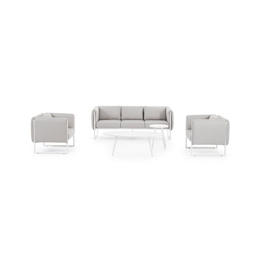 Set mobilier pentru gradina, terasa, Pixel, 2 fotolii + canapea 3 locuri + masuta de cafea, alb sand